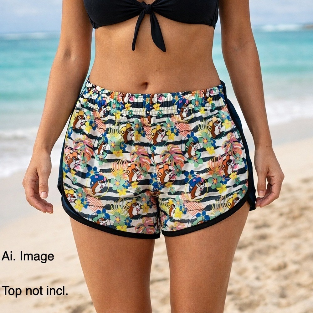 Buc-ee's Beaver Mascot Womens L Dolphin Running Shorts Tropical Lined Novelty - Picture 1 of 12